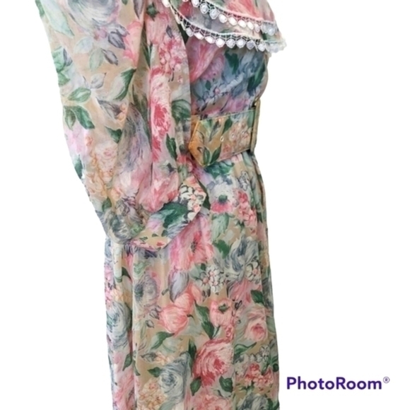 Vintage Kwai Lace Trimmed Exaggerated Collar Floral‎ Full Skirted Dress 60s - Picture 4 of 15